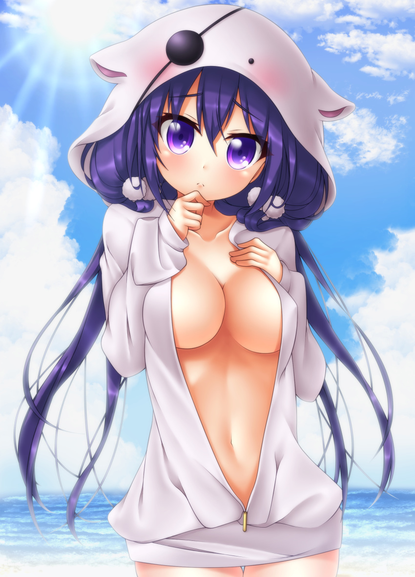 absurdres animal_hood blue_sky breasts cleavage closed_mouth cloud collarbone commentary_request cowboy_shot day derivative_work eyepatch female gochuumon_wa_usagi_desu_ka? hair_between_eyes hair_ornament hand_on_own_chest hands_up head_tilt highres hood hood_up hoodie horizon large_breasts long_hair long_sleeves looking_at_viewer naked_hoodie navel ocean oooqqq outdoors partially_unzipped purple_eyes purple_hair sky sleeves_past_wrists solo sun sunlight tedeza_rize thigh_gap very_long_hair water white_hoodie