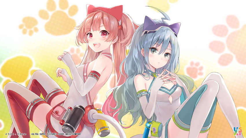 2girls :d ahoge aqua_eyes aqua_hair aqua_thighhighs artist_name clothing_cutout company_name elbow_gloves end_card fingerless_gloves from_side fukahire_(ruinon) gloves highres long_hair looking_at_viewer multiple_girls open_mouth paw_print photoshop_(medium) red_eyes red_hair red_legwear smile steepled_fingers sumako_(ultra_super_anime_time) supika_(ultra_super_anime_time) thighhighs twintails ultra_super_anime_time underboob_cutout