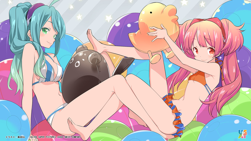 2girls ahoge aqua_hair artist_name ball barefoot beachball bikini breasts cleavage company_name diagonal_stripes end_card from_side green_eyes highres kuroda_bb light_smile long_hair medium_breasts multi-strapped_bikini_bottom multi-strapped_bikini_top multiple_girls navel photoshop_(medium) red_eyes red_hair sideboob small_breasts smile striped striped_background sumako_(ultra_super_anime_time) supika_(ultra_super_anime_time) swimsuit twintails ultra_super_anime_time