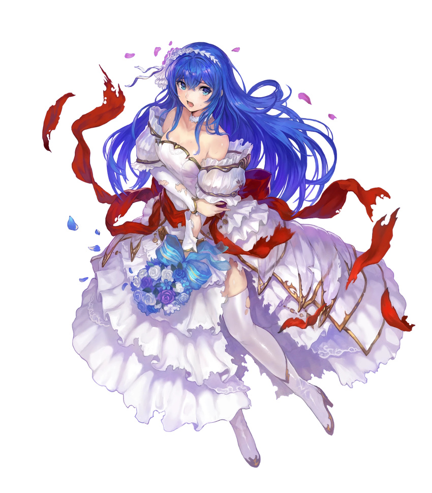 bare_shoulders blue_eyes blue_hair boots bouquet caeda_(bridal)_(fire_emblem) caeda_(fire_emblem) commentary_request detached_collar dress female fire_emblem fire_emblem:_mystery_of_the_emblem fire_emblem_heroes flower full_body hair_flower hair_ornament hairband high_heels highres holding long_hair lossy-lossless official_art open_mouth petals sleeveless sleeveless_dress solo torn_clothes transparent_background wedding_dress white_dress white_legwear yoshiku_(oden-usagi)