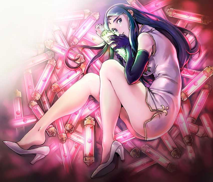 bad_id bad_pixiv_id china_dress chinese_clothes dress elbow_gloves female full_body giant_robo ginrei_(giant_robo) gloves green_hair hanamogemoge highres holding long_hair long_legs looking_at_viewer mackintosh_rose solo tears