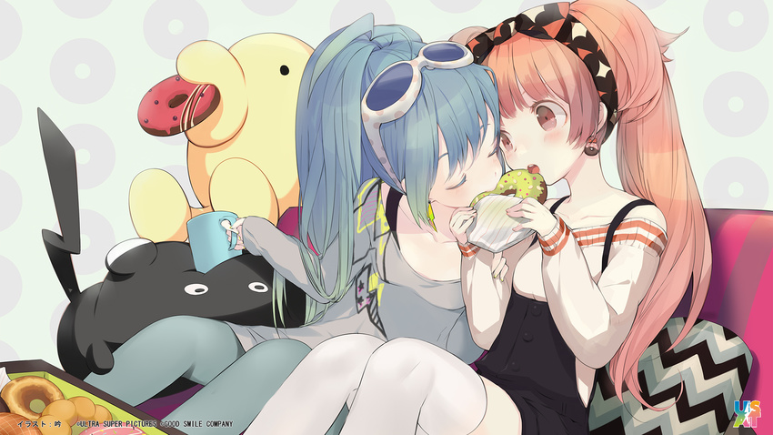 2girls aqua_hair aqua_pantyhose artist_name blush casual closed_eyes company_name cup doughnut earrings eating end_card food food-themed_earrings gin_(oyoyo) hairband highres holding_another's_arm jewelry lightning_bolt_earrings lightning_bolt_symbol long_hair mug multiple_girls off-shoulder_sweater off_shoulder old-fashioned_doughnut pantyhose photoshop_(medium) polka_dot pon_de_ring red_eyes red_hair shared_food sumako_(ultra_super_anime_time) sunglasses supika_(ultra_super_anime_time) sweater thighhighs ultra_super_anime_time white_legwear