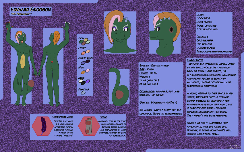 16:10 2019 2020 4_toes 5_fingers absurd_res ambiguous_gender anthro athletic athletic_anthro edvaard_skogson english_text eye_ridges featureless_crotch feet fingers green_body herm_(lore) hi_res hindpaw lizard model_sheet nude paws reptile scalie signature skye_wilson soles solo spikes spikes_(anatomy) text toes widescreen