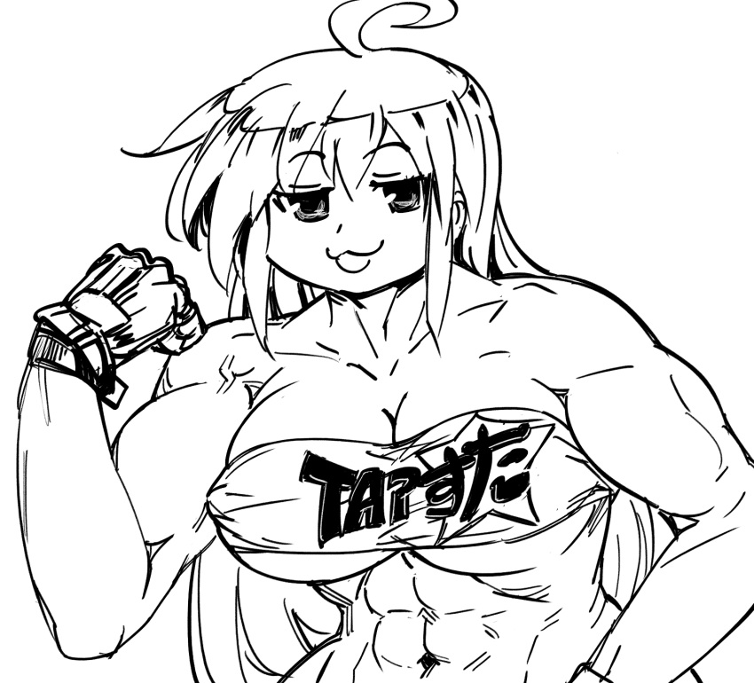 :3 abs ahoge alternate_muscle_size art_shift bad_id bandeau bb_(baalbuddy) belt_bra biceps breasts female fingerless_gloves flexing gloves greyscale hand_up highres inactive_account izumi_konata jitome large_breasts long_hair looking_at_viewer lucky_star monochrome muscular muscular_female navel parody pose simple_background smile solo strapless upper_body veins white_background