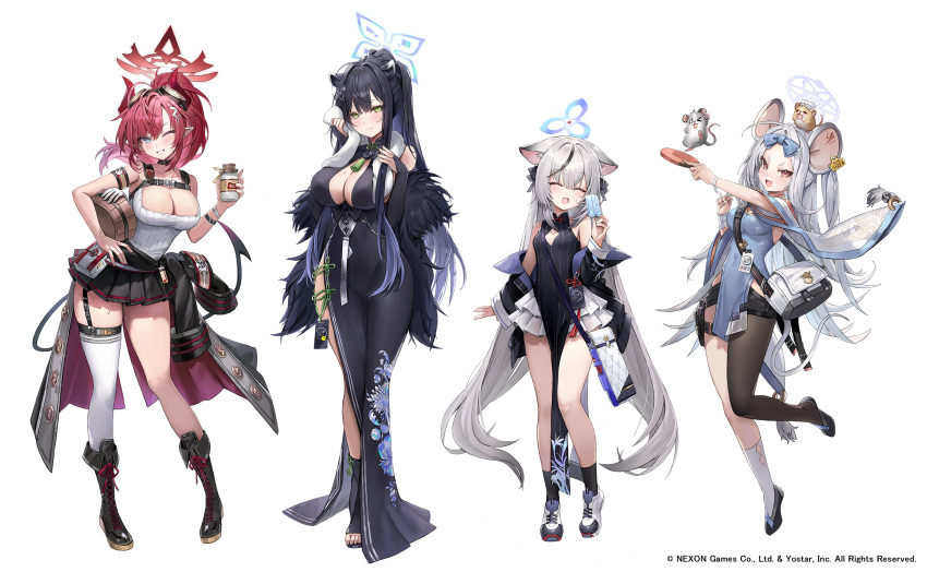 4girls animal_ears armband asymmetrical_legwear bag bare_shoulders black_choker black_dress black_footwear black_hair black_jacket black_skirt blue_archive blue_dress blue_eyes boots breasts bucket china_dress chinese_clothes choker cleavage cleavage_cutout clothing_cutout commentary_request covered_navel demon_horns demon_tail dress feather_boa food freng frills full_body garter_straps green_eyes grin halo hand_on_own_hip highres holding holding_food holding_popsicle horns jacket kokona_(blue_archive) large_breasts long_hair looking_at_viewer megu_(blue_archive) miniskirt mouse_ears multicolored_hair multiple_girls nezusuke_(blue_archive) off_shoulder official_art one_eye_closed open_clothes open_jacket parted_bangs pelvic_curtain pleated_skirt pointy_ears ponytail popsicle red_eyes red_hair ribbed_shirt saya_(blue_archive) shirt short_dress shoulder_bag shun_(blue_archive) side_slit simple_background single_leg_pantyhose single_thighhigh skirt sleeveless sleeveless_dress sleeveless_shirt smile socks standing streaked_hair striped_clothes striped_dress sweatdrop tail thighhighs thighs very_long_hair white_background white_hair white_shirt white_socks white_thighhighs wooden_bucket