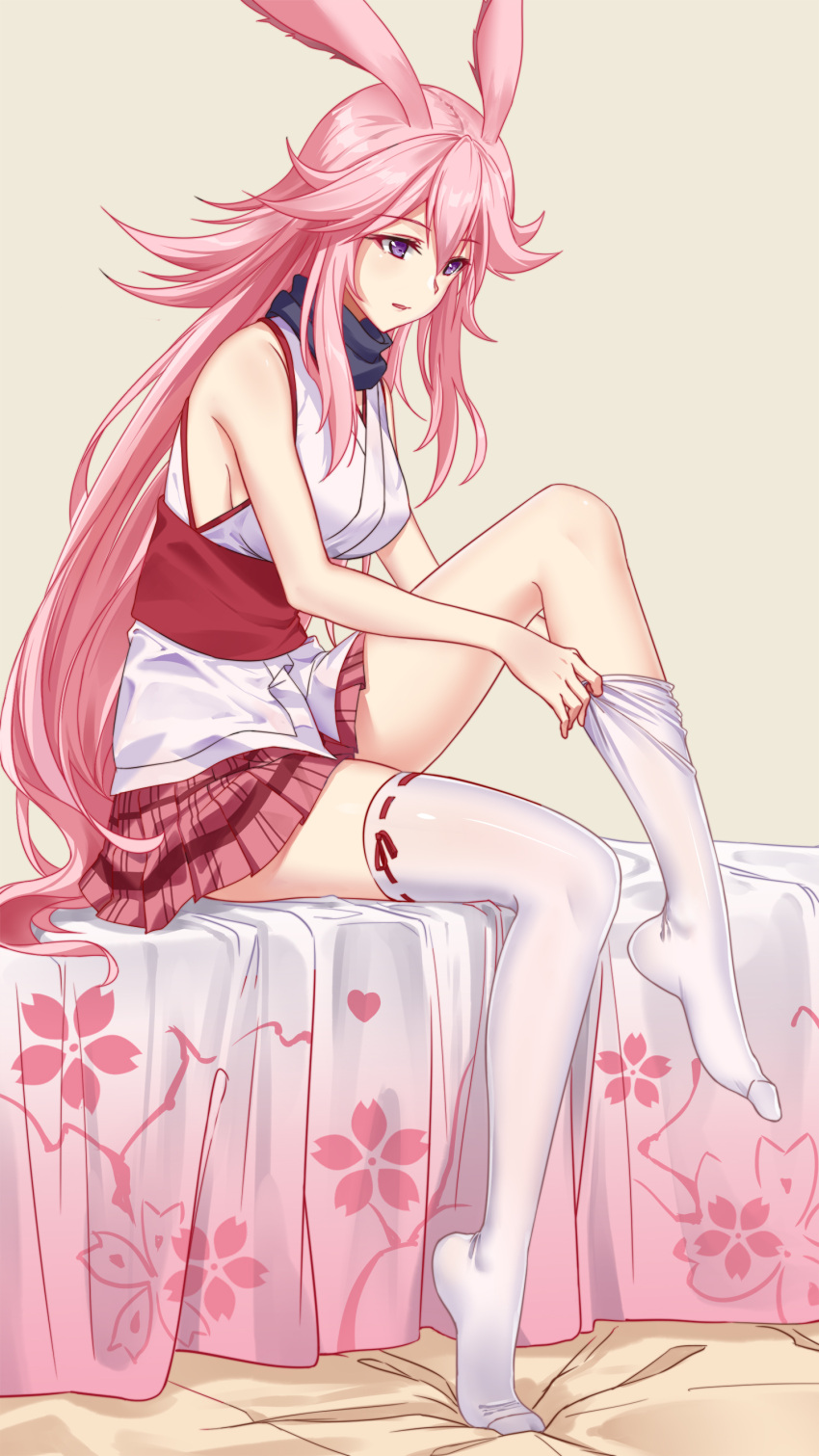 5plus :o absurdres animal_ears bed bed_sheet beige_background breasts female fox_ears full_body hair_between_eyes highres honkai_(series) honkai_impact_3rd legs long_hair no_shoes on_bed open_mouth pink_hair pink_skirt purple_eyes sideboob simple_background sitting skirt sleeveless solo thighhighs white_thighhighs yae_sakura yae_sakura_(gyakushinn_miko)