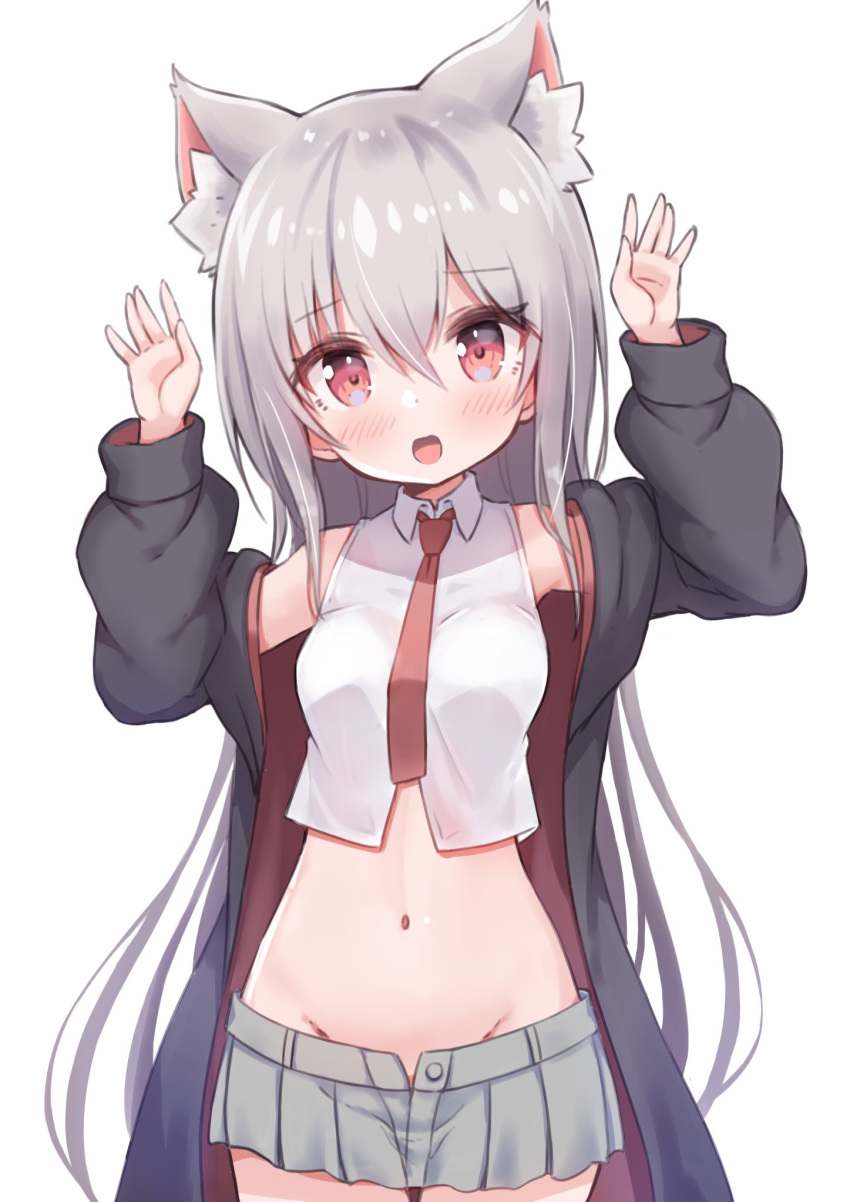 animal_ear_fluff animal_ears arms_up black_coat blush breasts cat_ears coat crop_top female grey_hair grey_skirt groin highres long_hair miniskirt navel necktie no_panties off_shoulder open_clothes open_coat open_mouth original pleated_skirt red_eyes red_necktie shirt simple_background siragagaga skirt sleeveless sleeveless_shirt small_breasts solo stomach very_long_hair white_background white_shirt