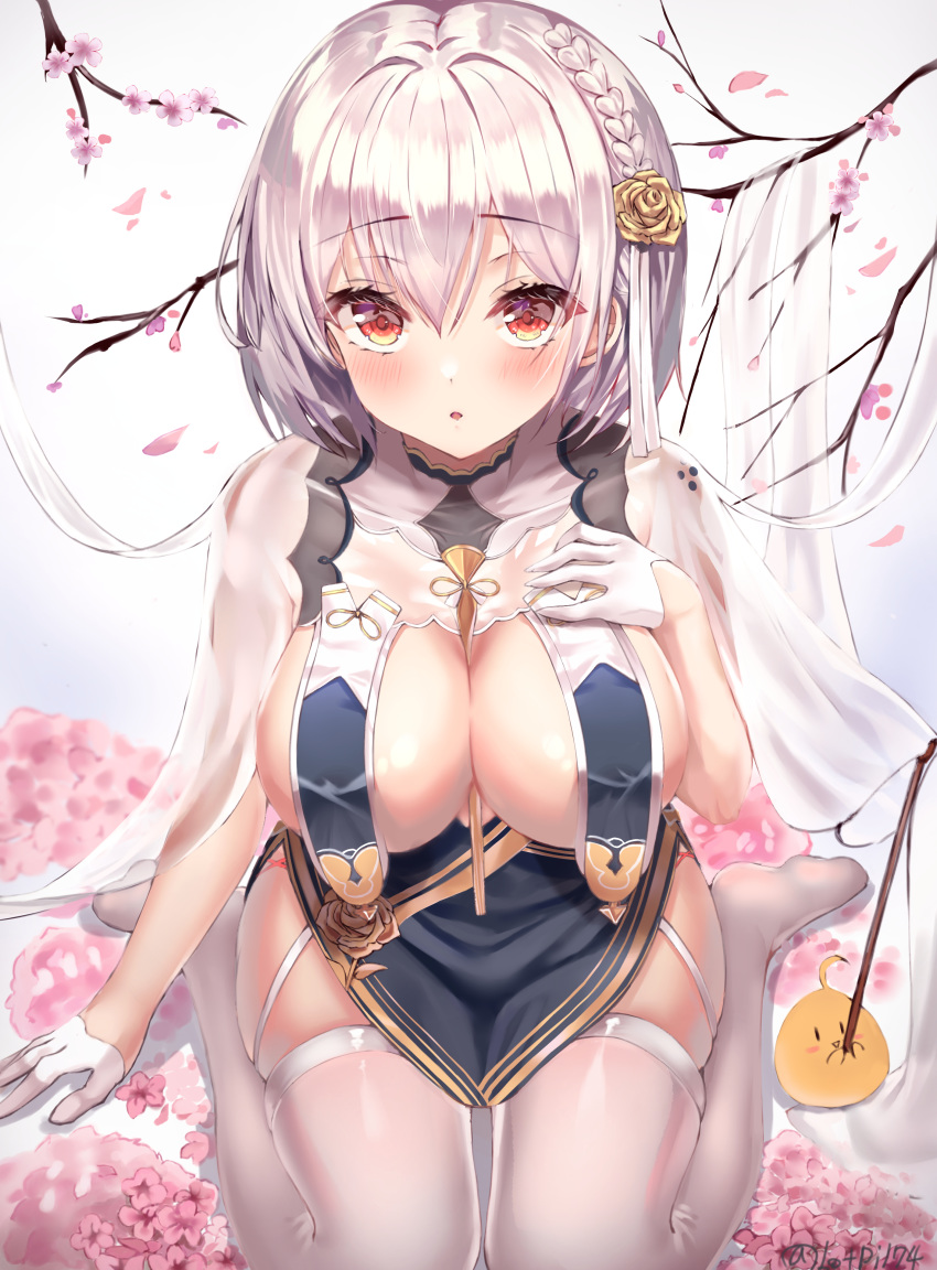 absurdres azur_lane between_breasts bird branch breast_curtains breasts cherry_blossoms chick china_dress chinese_clothes cleavage commentary_request dress female flower garter_straps gloves half_gloves hand_on_own_chest hand_up highres large_breasts looking_at_viewer lotpi manjuu_(azur_lane) no_shoes official_alternate_costume orange_eyes parted_lips pelvic_curtain pink_flower short_hair sirius_(azur_lane) sirius_(azure_horizons)_(azur_lane) skindentation solo thighhighs white_gloves white_hair white_thighhighs