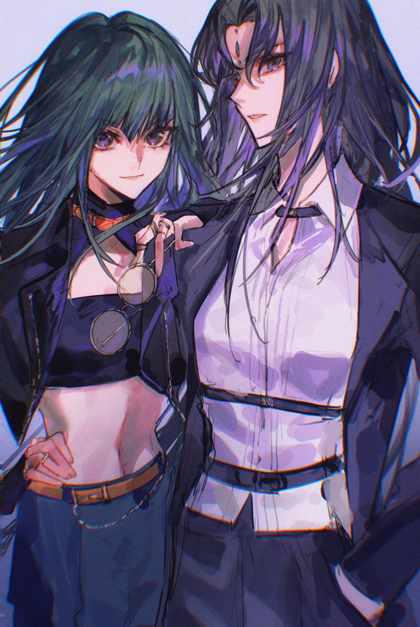 2girls absurdres alternate_costume belt black_hair black_jacket carly_nagisa commentary crop_top cropped_jacket glasses green_hair grey_background hand_in_pocket hand_on_another's_shoulder highres holding holding_removed_eyewear jacket long_hair looking_at_viewer midriff misty_lola multiple_girls naoki_(2rzmcaizerails6) navel parted_lips round_eyewear shirt simple_background suit_jacket unworn_eyewear upper_body white_shirt yu-gi-oh! yu-gi-oh!_5d's