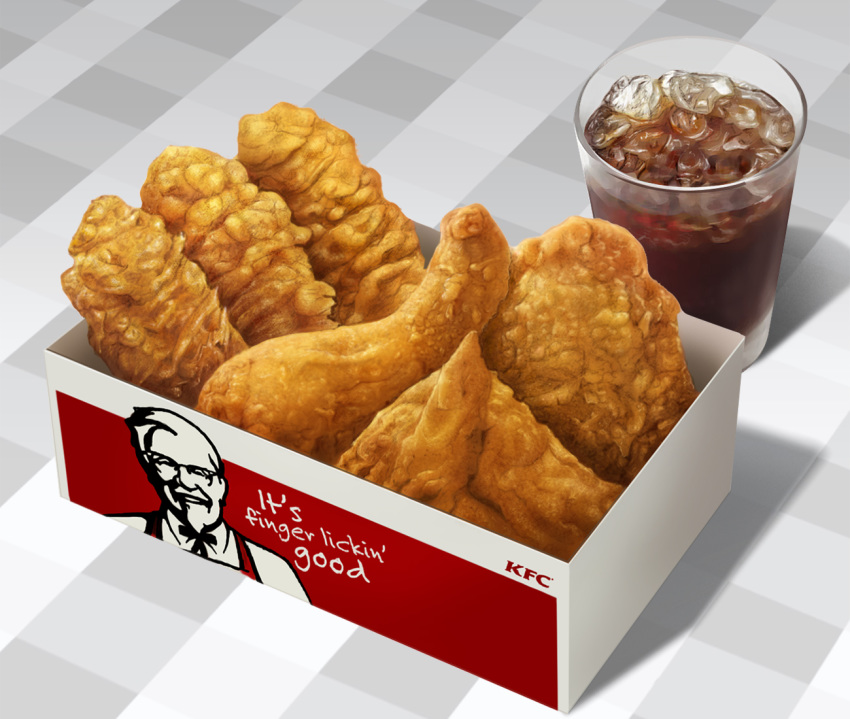 box chicken_(food) cola colonel_sanders commentary_request cup drink english_text food food_focus fried_chicken ice ice_cube kfc no_humans realistic simple_background soda still_life toshi_(hokkaido2015)