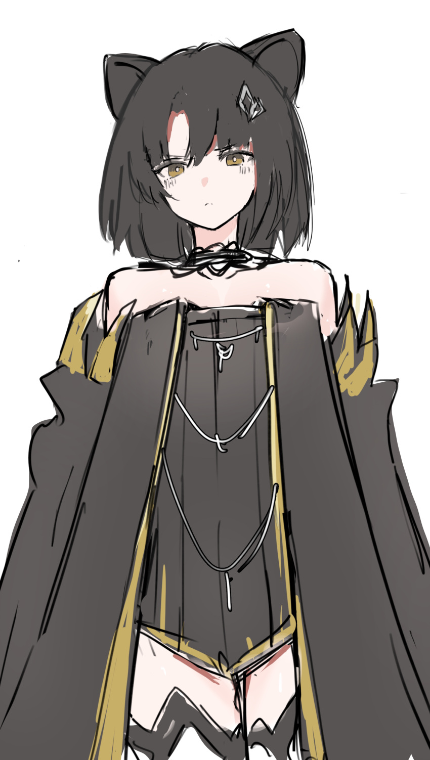 absurdres animal_ears arknights bad_id bad_pixiv_id bare_shoulders black_dress black_hair black_jacket brown_eyes closed_mouth collarbone commentary_request dress female hair_ornament highres jacket looking_at_viewer mandragora_(arknights) nagute off-shoulder_jacket off_shoulder parted_bangs simple_background solo standing strapless strapless_dress thighhighs white_background white_thighhighs