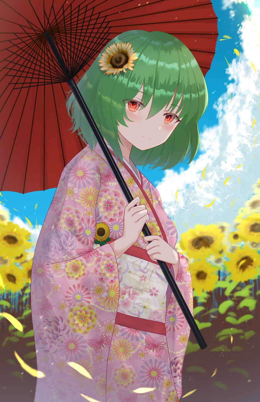 absurdres alternate_costume anima_miko bad_id bad_pixiv_id day female field floral_print flower flower_field garden_of_the_sun green_hair hair_flower hair_ornament highres japanese_clothes kazami_yuuka kimono outdoors parasol red_eyes sash short_hair smile solo sunflower sunflower_field touhou umbrella