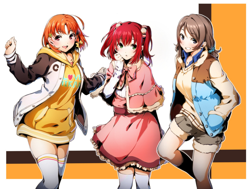 3girls :o ahoge blue_eyes bow bowtie brown_hair brown_shorts capelet clenched_teeth commentary cyaron!_(love_live!) green_eyes hair_ornament hairbow hand_in_pocket hand_up highres jacket kurosawa_ruby long_sleeves looking_at_viewer love_live! love_live!_sunshine!! multiple_girls nakano_maru orange_hair pink_bow pink_bowtie pink_capelet pink_skirt red_eyes red_hair shorts skirt smile standing takami_chika teeth thighhighs twintails watanabe_you white_legwear yellow_bow