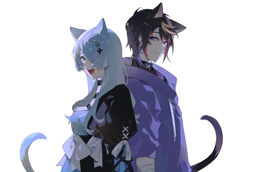 1boy animal_ears back-to-back bad_id bad_twitter_id black_dress black_hair blue_eyes blue_hair cat_boy cat_ears cat_girl cat_tail dress elira_pendora female from_side hair_behind_ear hair_over_one_eye highres hood hoodie juliet_sleeves kemonomimi_mode long_sleeves looking_at_viewer multicolored_hair naka_(carolnaka_) nijisanji nijisanji_en one_eye_covered puffy_sleeves purple_eyes purple_hoodie shu_yamino smile streaked_hair tail virtual_youtuber