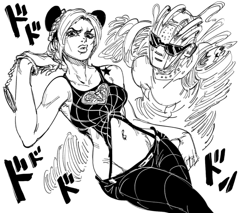 araki_hirohiko_(style) bad_id bare_shoulders bb_(baalbuddy) braid breasts dodododo double_bun female greyscale groin hair_bun hand_up inactive_account jojo_no_kimyou_na_bouken jojo_pose kujo_jolyne looking_at_viewer medium_breasts midriff monochrome navel navel_piercing official_style pants parted_lips piercing pose shoulder_tattoo spider_web_print stand_(jojo) standing star_tattoo stone_free stone_ocean sunglasses tattoo wristband