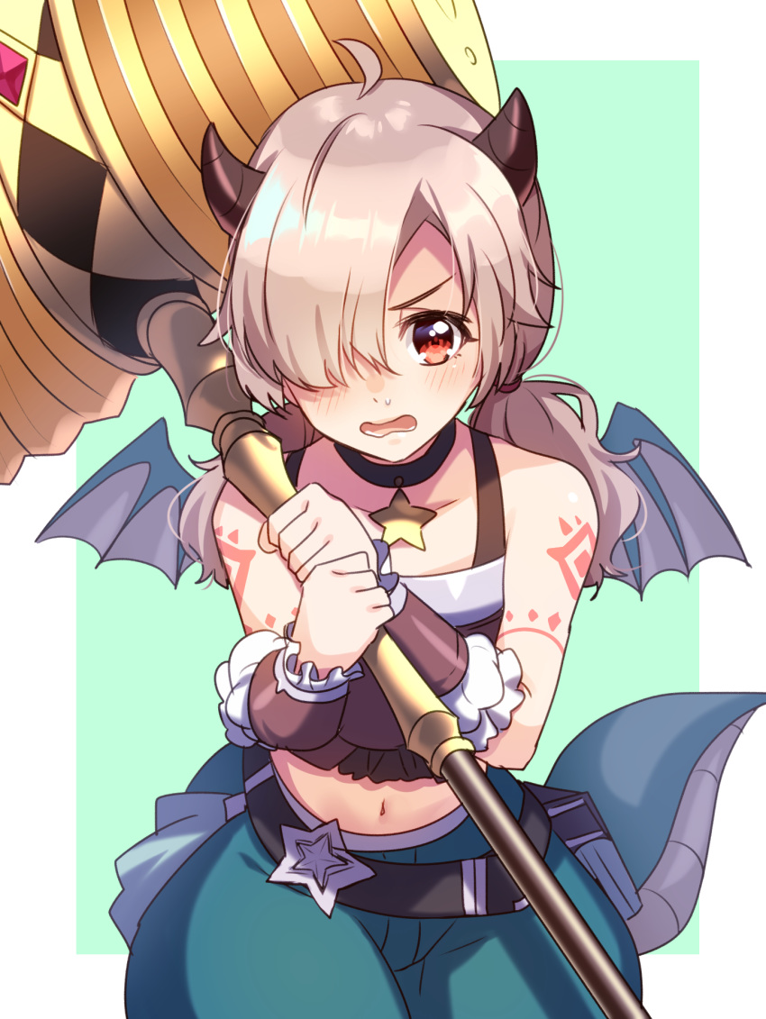 ahoge bad_id bad_pixiv_id bare_shoulders belt black_belt black_choker blue_pants blush brown_hair choker collarbone commentary_request crop_top dragon_girl dragon_horns dragon_tail dragon_wings female green_background grey_hair grey_wings hair_over_one_eye hammer hands_up highres holding holding_hammer horns ichiren_namiro inori_(princess_connect!) long_hair low_twintails midriff mini_wings navel open_mouth pants princess_connect! puffy_pants red_eyes solo star_(symbol) star_choker sweat tail twintails two-handed two-tone_background wavy_mouth white_background wings