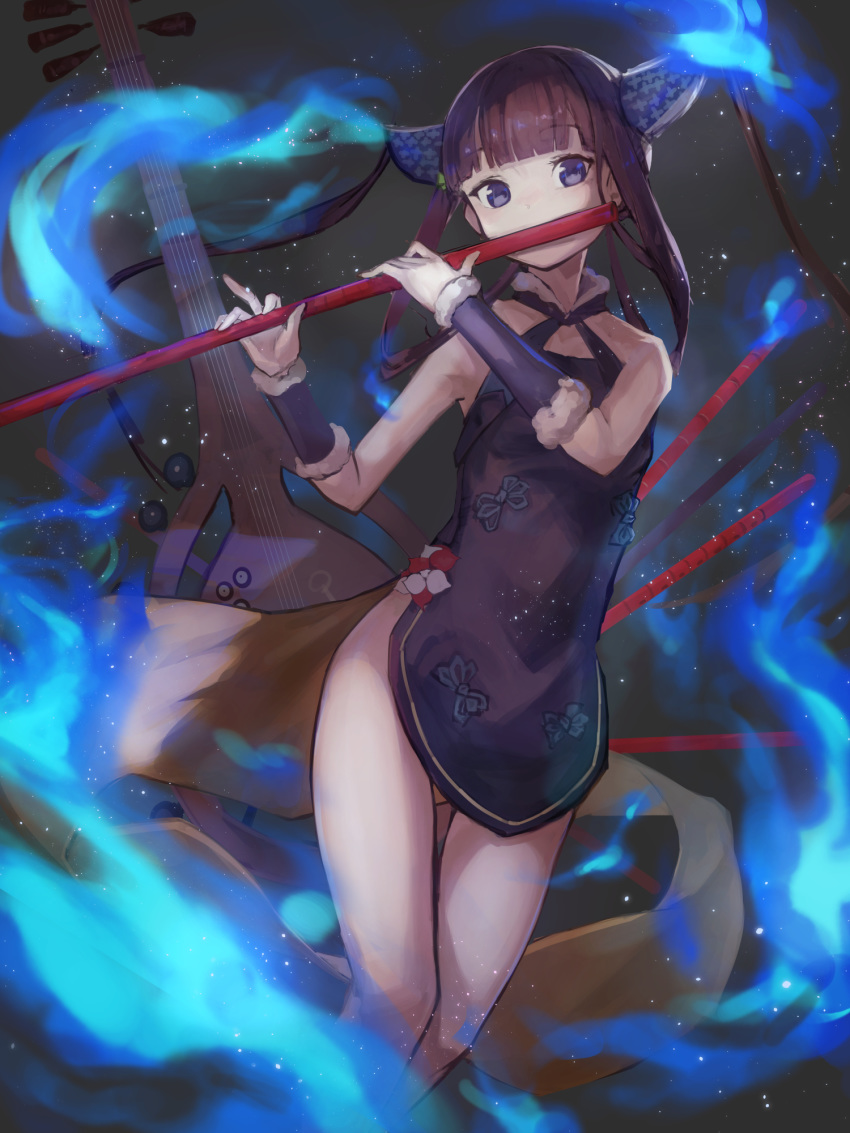 aito bare_shoulders black_dress blue_eyes blue_fire blunt_bangs blush breasts china_dress chinese_clothes detached_sleeves dress fate/grand_order fate_(series) female fire flute hair_ornament highres instrument leaf_hair_ornament long_hair looking_at_viewer medium_breasts music pipa_(instrument) playing_instrument purple_hair side_slit sidelocks solo thighs twintails very_long_hair yang_guifei_(fate) yang_guifei_(second_ascension)_(fate)