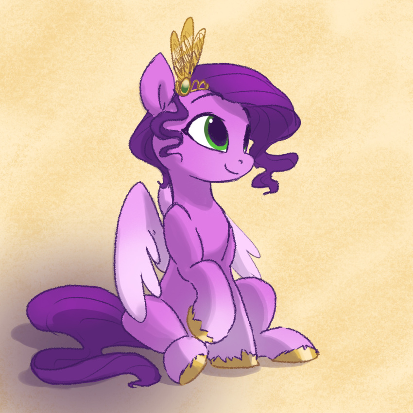 accessory equid equine eyebrows female feral green_eyes hair hair_accessory hasbro hi_res hooves mammal mlp_g5 my_little_pony pegasus pfeffaroo pipp_petals_(mlp) purple_body purple_hair purple_tail raised_hoof sitting smile solo wings