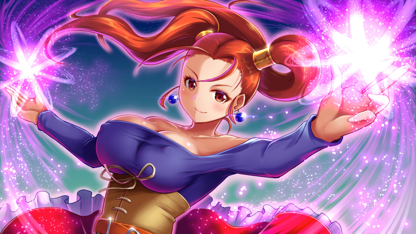 absurdres breasts covered_nipples dragon_quest dragon_quest_viii earrings female highres jessica_albert jewelry large_breasts md5_mismatch purple_shirt red_eyes red_hair resolution_mismatch shiny shirt simple_background smile solo source_smaller twintails yuki_mizore