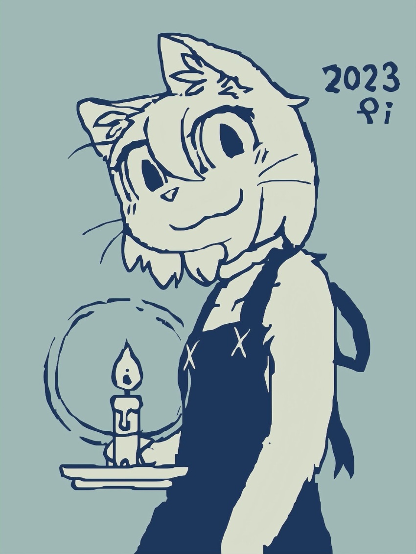 2023 3:4 ame_(daisuke_amaya) anthro black_clothing black_dress candle clothed clothing daisuke_amaya digital_drawing_(artwork) digital_media_(artwork) domestic_cat dress felid feline felis female fluffy fur fur_tuft hair hi_res inner_ear_fluff mammal monochrome pupils simple_background solo text tuft whiskers white_body white_fur