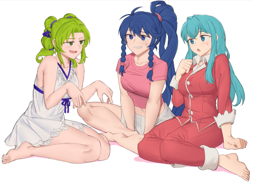 3girls alternate_costume aqua_eyes aqua_hair bare_shoulders barefoot blue_eyes blue_hair breasts butterfly_sitting collarbone dress ebinku eirika_(fire_emblem) feet fire_emblem fire_emblem:_the_sacred_stones green_eyes green_hair grin high_ponytail highres l'arachel_(fire_emblem) large_breasts long_hair long_sleeves midriff multiple_girls nightgown open_mouth pajamas pink_shirt ponytail shirt short_sleeves shorts simple_background sitting sleepwear sleeveless sleeveless_dress smile sweatdrop tana_(fire_emblem) toes white_background yokozuwari