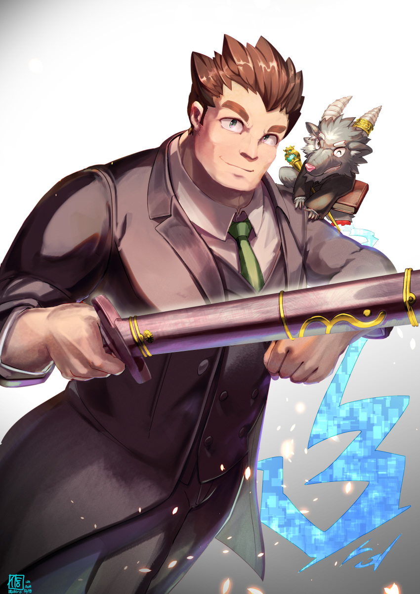 1boy absurdres animal_on_shoulder artist_name book brown_hair dated formal green_necktie grey_eyes highres horns itohiro male_focus necktie protagonist_3_(housamo) salomon_(housamo) sheath sheathed smile spiked_hair standing suit thick_eyebrows tokyo_afterschool_summoners wand weapon white_background