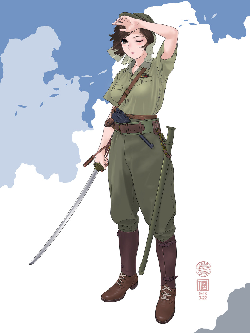 belt boots brown_footwear female full_body gun hair_between_eyes handgun hat highres holding holding_sword holding_weapon holstered imperial_japanese_army katana looking_at_viewer mauser_c96 military military_hat military_uniform one_eye_closed original sheath short_hair short_sleeves sino_(mechanized_gallery) solo sword uniform weapon world_war_ii