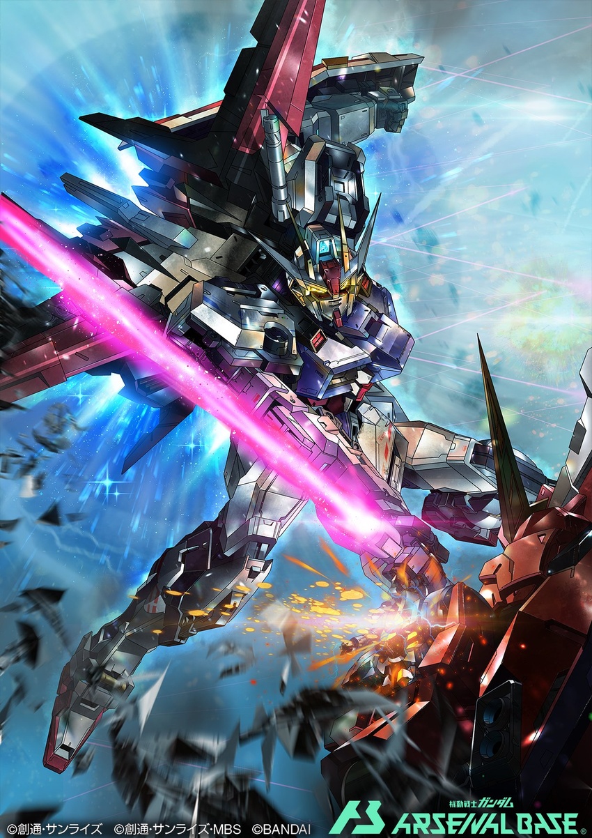 aegis_gundam aile_strike_gundam beam_saber clenched_hand fighting flying gundam gundam_arsenal_base gundam_seed highres holding holding_shield holding_sword holding_weapon mecha mobile_suit no_humans official_art paintedmike robot science_fiction shield sky solo_focus sparks sword sword_clash v-fin weapon