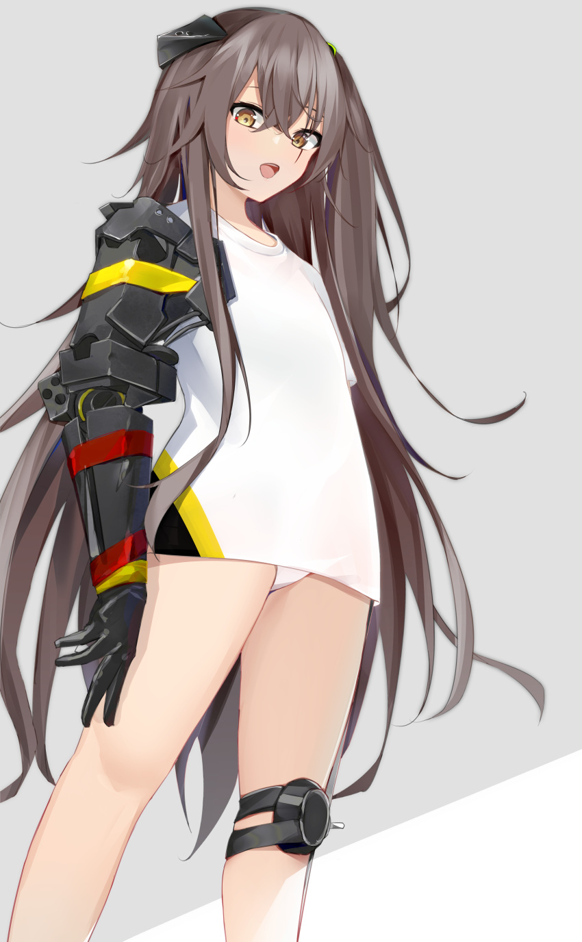 absurdres brown_hair commentary crossed_bangs english_commentary feet_out_of_frame female flat_chest from_below girls'_frontline gradient_background hair_between_eyes hair_ornament highres kotoha_(kotoha65) long_hair looking_at_viewer no_pants open_mouth panties prosthesis prosthetic_arm psd_available scar scar_across_eye shirt solo standing teeth ump45_(girls'_frontline) ump45_(mod3)_(girls'_frontline) underwear upper_teeth_only very_long_hair white_shirt yellow_eyes