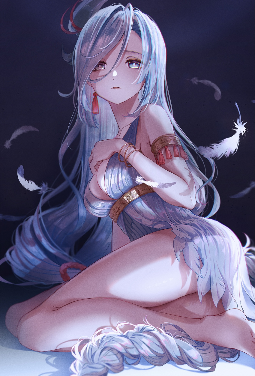 armlet bare_legs barefoot blue_eyes bracelet braid breasts cleavage collarbone dress earrings female genshin_impact grey_dress grey_hair hair_between_eyes highres jewelry long_hair looking_at_viewer low-braided_long_hair low-tied_long_hair medium_breasts nezu_(se_aroe) open_mouth shenhe_(genshin_impact) short_dress sitting sleeveless sleeveless_dress solo very_long_hair