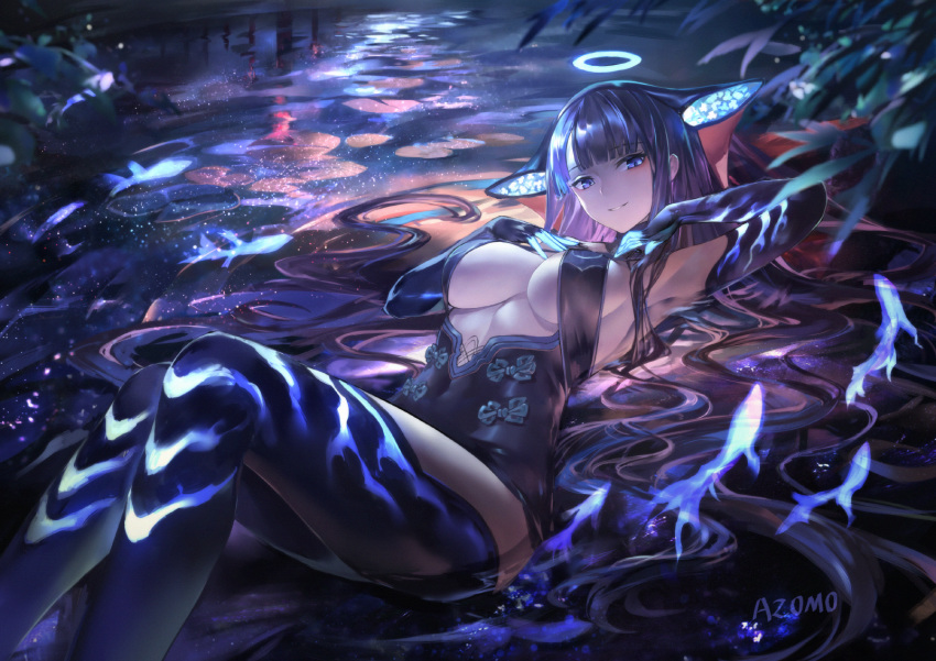 armpits artist_name azomo bare_shoulders black_dress black_gloves black_headwear black_thighhighs blue_eyes blue_fire blunt_bangs blush breasts center_opening chinese_commentary commentary covered_navel dress elbow_gloves fate/grand_order fate_(series) female fire fish gloves halo hands_on_own_chest hands_up highres knees_up large_breasts long_hair looking_at_viewer lying on_back photoshop_(medium) plant purple_hair solo thighhighs thighs very_long_hair water yang_guifei_(fate) yang_guifei_(third_ascension)_(fate)