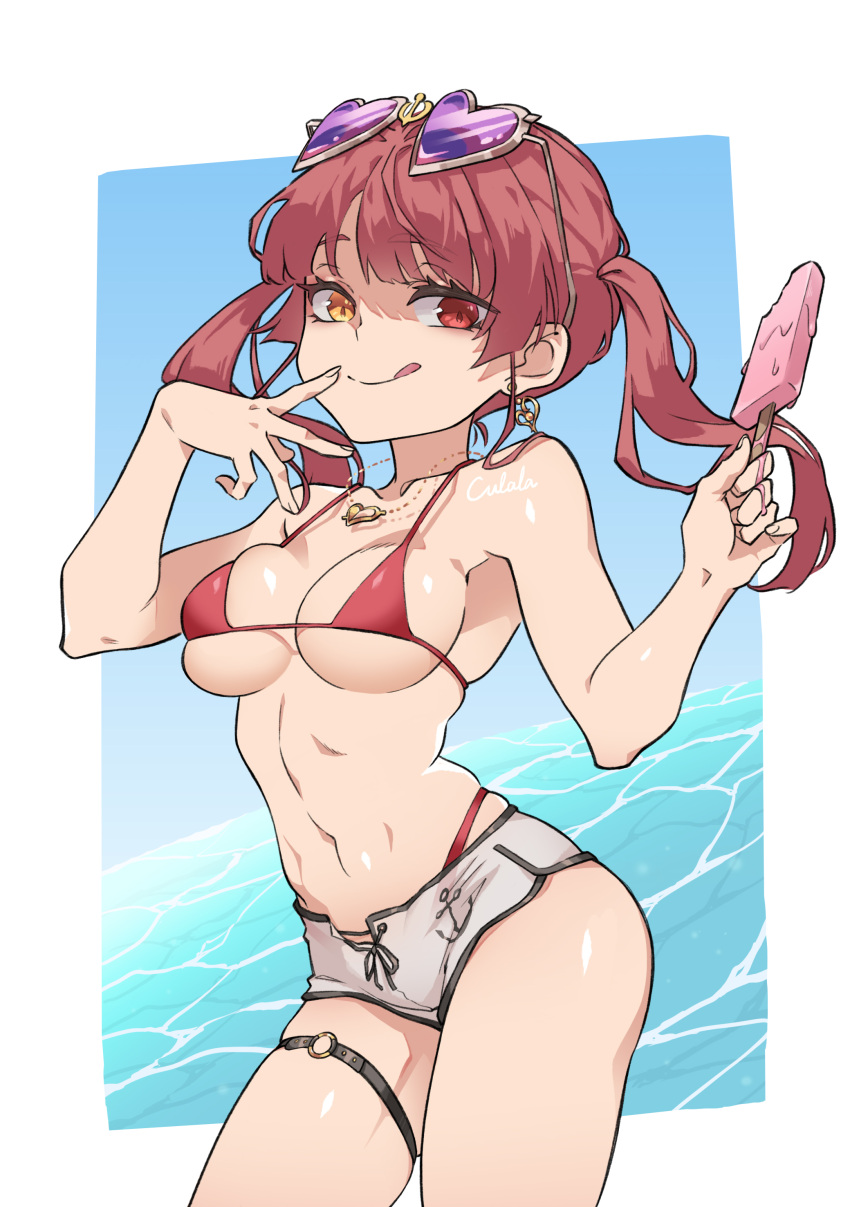 :q absurdres bikini breasts dolphin_shorts earrings eyewear_on_head female food heart heart-shaped_eyewear heterochromia highres hololive houshou_marine houshou_marine_(summer) jewelry large_breasts long_hair looking_at_viewer navel necklace no_shirt o-ring o-ring_thigh_strap ocean official_alternate_costume popsicle red_bikini red_eyes red_hair short_shorts shorts smile solo string_bikini sunglasses swimsuit thigh_strap tongue tongue_out twintails virtual_youtuber white_shorts yellow_eyes zoe_(killyou80)