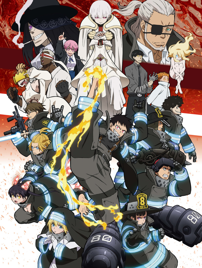 6+boys 6+girls absurdres akitaru_oubi arthur_boyle bandaged_arm bandages barefoot beard belt_buckle black_hair blonde_hair blue_eyes breasts brown_hair buckle character_request charon_(en'en_no_shouboutai) cigarette cleavage crown dark-skinned_male dark_skin en'en_no_shouboutai eyepatch facial_hair fingerless_gloves fire gloves glowing glowing_eyes grey_hair grin gun hat haumea highres iris_(en'en_no_shouboutai) joker_(en'en_no_shouboutai) kasugatani_inca kurono_yuuichirou leonard_burns long_hair looking_at_viewer maki_oze minebea_pm-9 multiple_boys multiple_girls nataku_son necktie official_art open_mouth pink_eyes pink_hair red_eyes sharp_teeth shinra_kusakabe short_hair shou_kusakabe smile smoking submachine_gun suspenders takehisa_hinawa tamaki_kotatsu teeth tongue tongue_out uniform viktor_licht vulcan_joseph weapon white_hair yellow_eyes