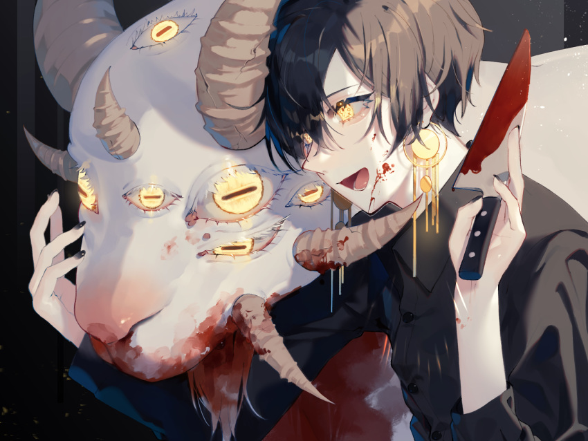 1boy animal animal_ears bad_id bad_pixiv_id black_hair black_nails blood blood_on_face blood_on_weapon crack earrings extra_ears fingernails glowing glowing_eyes goat holding holding_knife holding_weapon horizontal_pupils horns jewelry knife long_fingernails lower_teeth_only male_focus mizumi_zumi open_mouth original teeth tongue weapon yellow_eyes