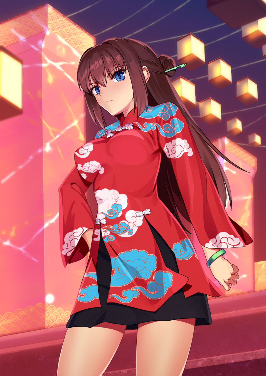 alternate_costume alternate_hairstyle aozaki_aoko black_skirt blue_eyes breasts brown_hair china_dress chinese_clothes closed_mouth cloud_print commentary_request cqqz0707 dress female hair_between_eyes hair_bun hair_ornament hair_stick hand_on_own_hip highres lantern large_breasts long_hair long_sleeves mahou_tsukai_no_yoru paper_lantern red_dress single_hair_bun skirt solo upper_body