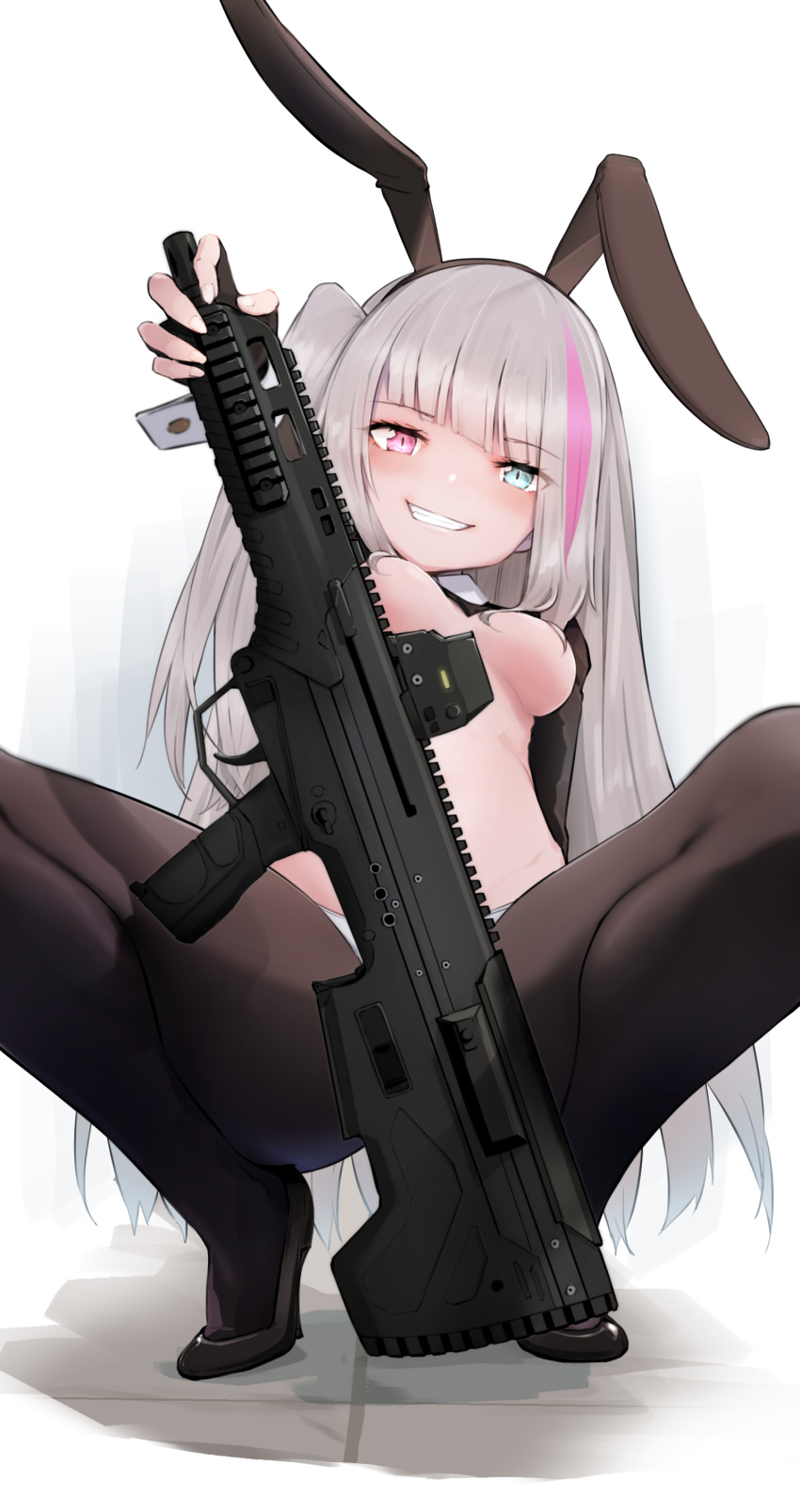 absurdres animal_ears assault_rifle black_footwear black_hairband black_pantyhose blue_eyes breasts commentary_request desert_tech_mdr fake_animal_ears female girls'_frontline grey_hair gun hairband heterochromia highres long_hair looking_at_viewer mdr_(girls'_frontline) meme_attire momo_(higanbana_and_girl) multicolored_hair one_side_up pantyhose pink_eyes pink_hair rabbit_ears reverse_bunnysuit reverse_outfit rifle shoes simple_background small_breasts smile solo squatting streaked_hair weapon white_background