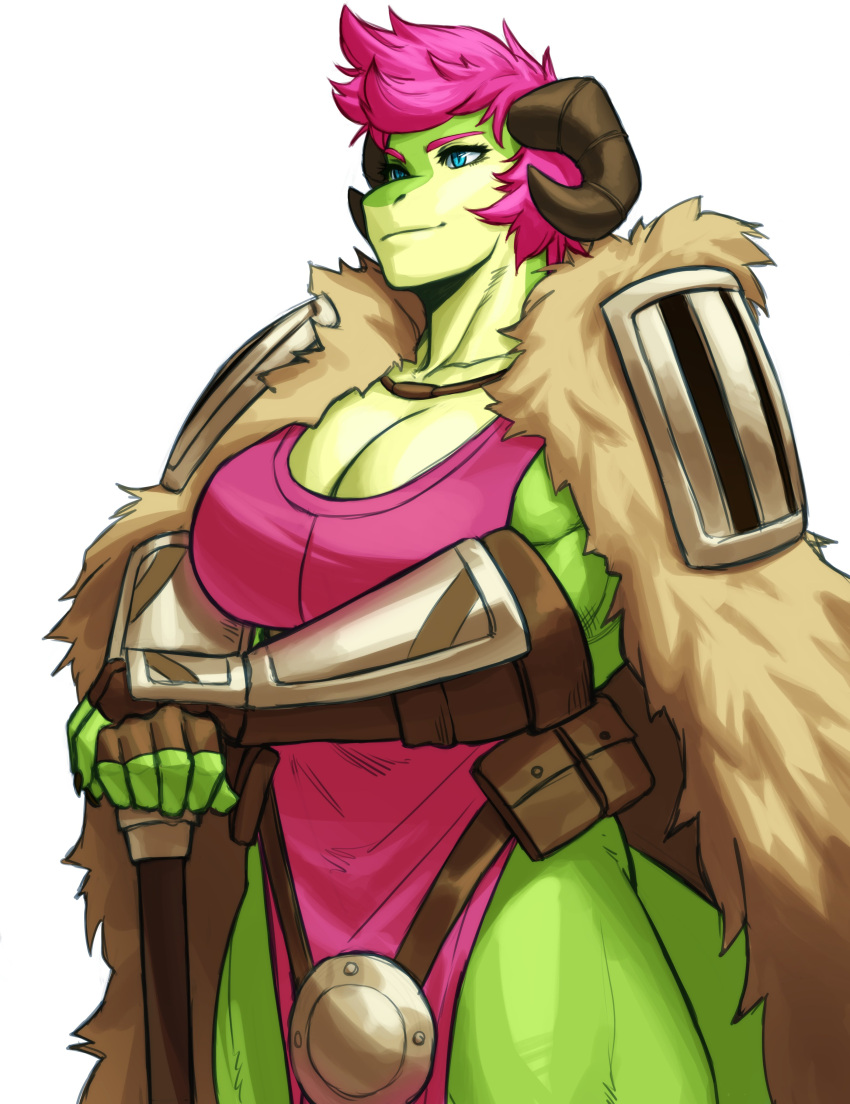 2022 absurd_res armor blue_eyes bracers breasts cape cleavage clothed clothing dragon female green_body hair hi_res horn mythological_creature mythological_scalie mythology pink_hair portrait scalie simple_background solo sotcho three-quarter_portrait white_background