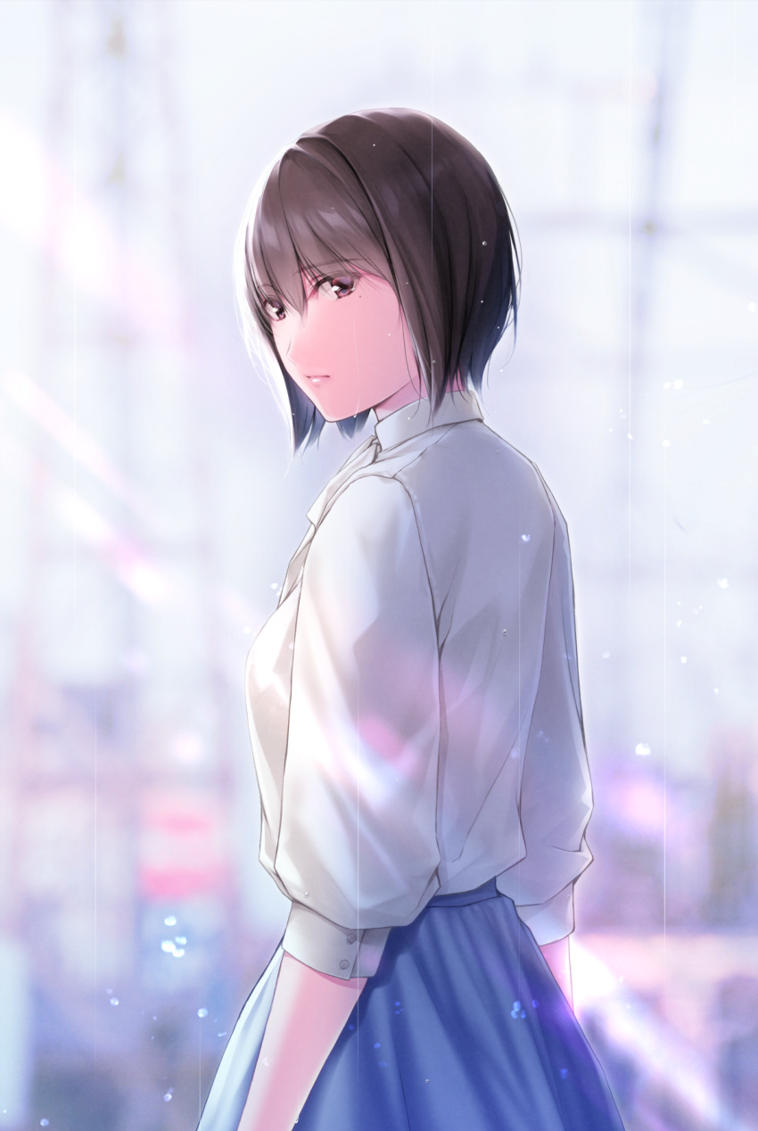 blue_skirt brown_hair closed_mouth female from_behind highres long_sleeves looking_at_viewer looking_back mole mole_under_eye nayuta69 original rain red_eyes shirt short_hair skirt solo upper_body wet wet_clothes wet_shirt white_shirt