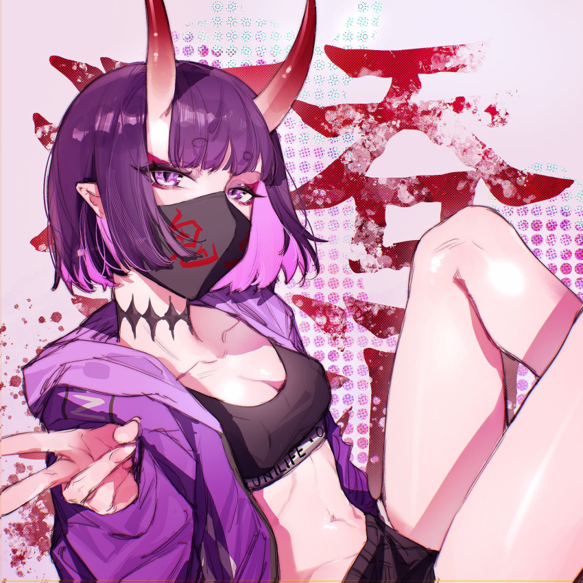 alternate_costume black_shorts black_sports_bra bob_cut breasts character_name choker collarbone commentary eyeliner fate/grand_order fate_(series) female highres hood hooded_jacket horns jacket looking_at_viewer makeup mask midriff mouth_mask navel oni open_clothes open_jacket polka_dot polka_dot_background purple_eyes purple_hair purple_jacket qiuyun62303677 short_eyebrows short_hair short_shorts shorts shuten_douji_(fate) sitting skin-covered_horns small_breasts solo sports_bra thighs v white_background