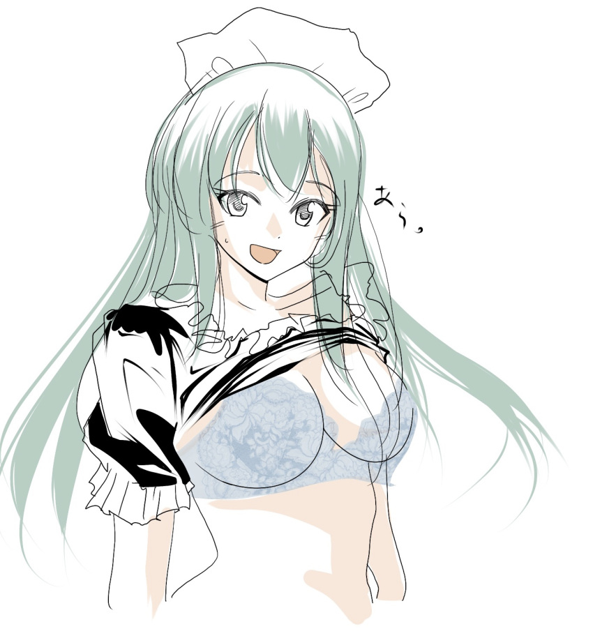 alternate_costume blue_bra blush bra breasts clothes_lift enmaided female hair_ornament hairclip highres kantai_collection large_breasts long_hair looking_at_viewer maid open_mouth shirt_lift solo suzuya_(kancolle) sweatdrop tada_(tactical_tada) underwear upper_body