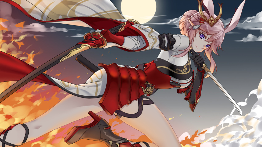 5plus animal_ears armor asymmetrical_gloves black_footwear black_gloves boots breasts closed_mouth cloud cloudy_sky dual_wielding female fire fox_ears full_moon gloves hair_between_eyes hair_ornament highres holding holding_sword holding_weapon honkai_(series) honkai_impact_3rd japanese_armor japanese_clothes katana leg_up looking_at_viewer moon night night_sky outdoors pink_hair purple_eyes sky solo sword uneven_gloves weapon white_gloves yae_sakura yae_sakura_(flame_sakitama)