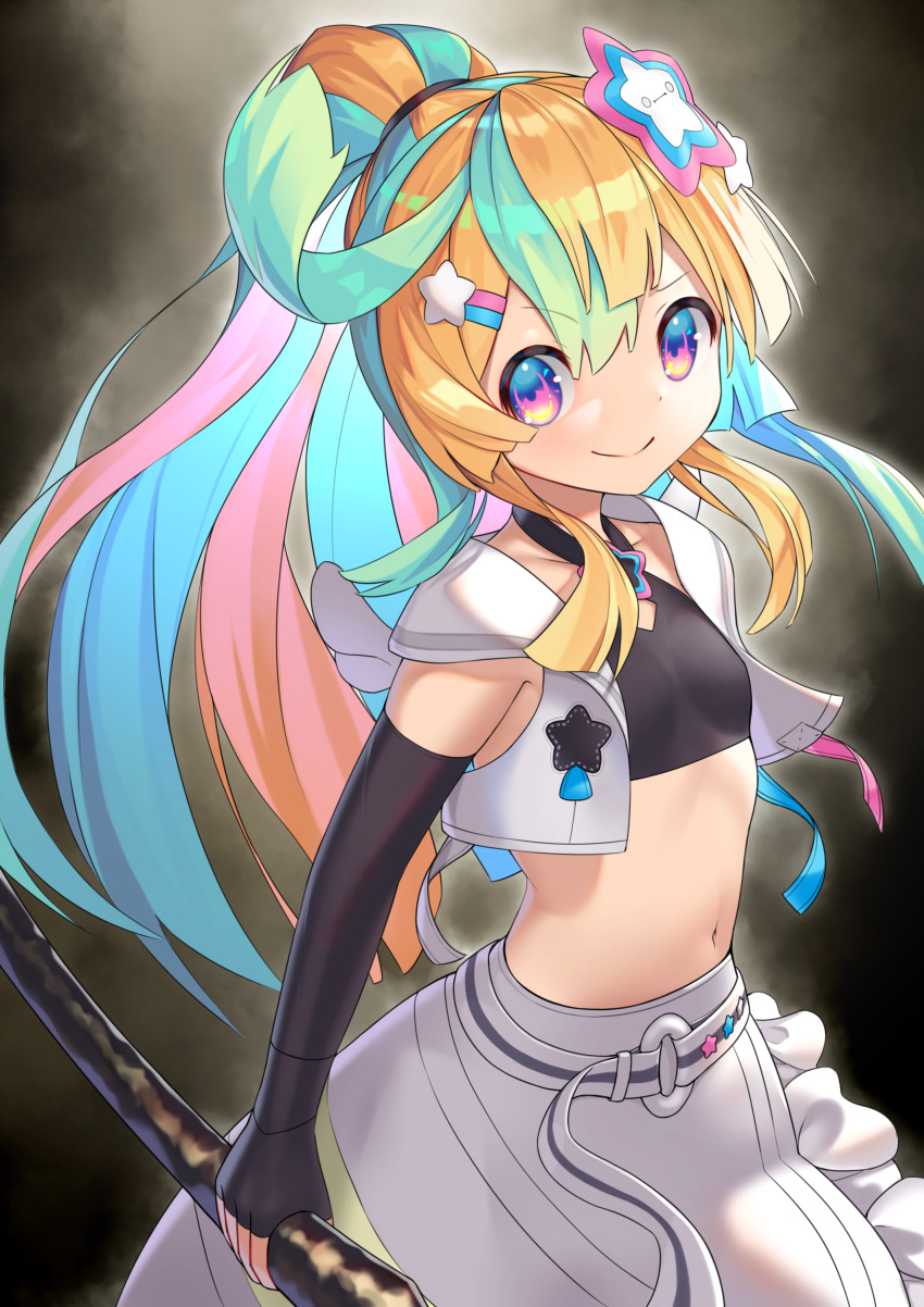 absurdres amakawa_hano aqua_hair bettle_(b_s_a_n) black_gloves blonde_hair crop_top elbow_gloves female fingerless_gloves flat_chest gloves grey_background hair_ornament hairclip highres long_hair looking_at_viewer midriff multicolored_hair navel pink_hair re:act skirt smile solo standing star_(symbol) star_hair_ornament two-tone_hair virtual_youtuber white_skirt