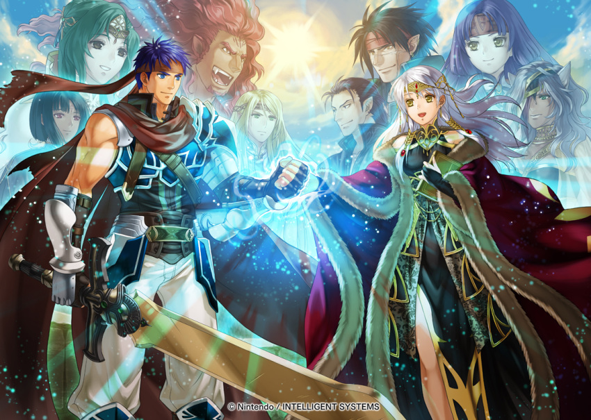 4girls 6+boys :d armor bangle bare_shoulders black_dress black_gloves black_hair blue_eyes blue_hair book bracelet bridal_gauntlets brown_eyes circlet copyright_name crown dress elbow_gloves elincia_ridell_crimea fingerless_gloves fire_emblem fire_emblem:_radiant_dawn fire_emblem_cipher gauntlets gloves green_hair half_updo holding holding_book hugging_book hugging_object ike_(fire_emblem) jewelry kita_senri kurthnaga_(fire_emblem) long_hair looking_at_another micaiah_(fire_emblem) micaiah_(radiant_queen)_(fire_emblem) multiple_boys multiple_girls naesala_(fire_emblem) nailah_(fire_emblem) official_art open_mouth photoshop_(medium) purple_hair ragnell red_hair sanaki_kirsch_altina shoulder_armor side_slit skrimir_(fire_emblem) sleeveless sleeveless_dress smile sword tibarn_(fire_emblem) weapon white_hair yellow_eyes