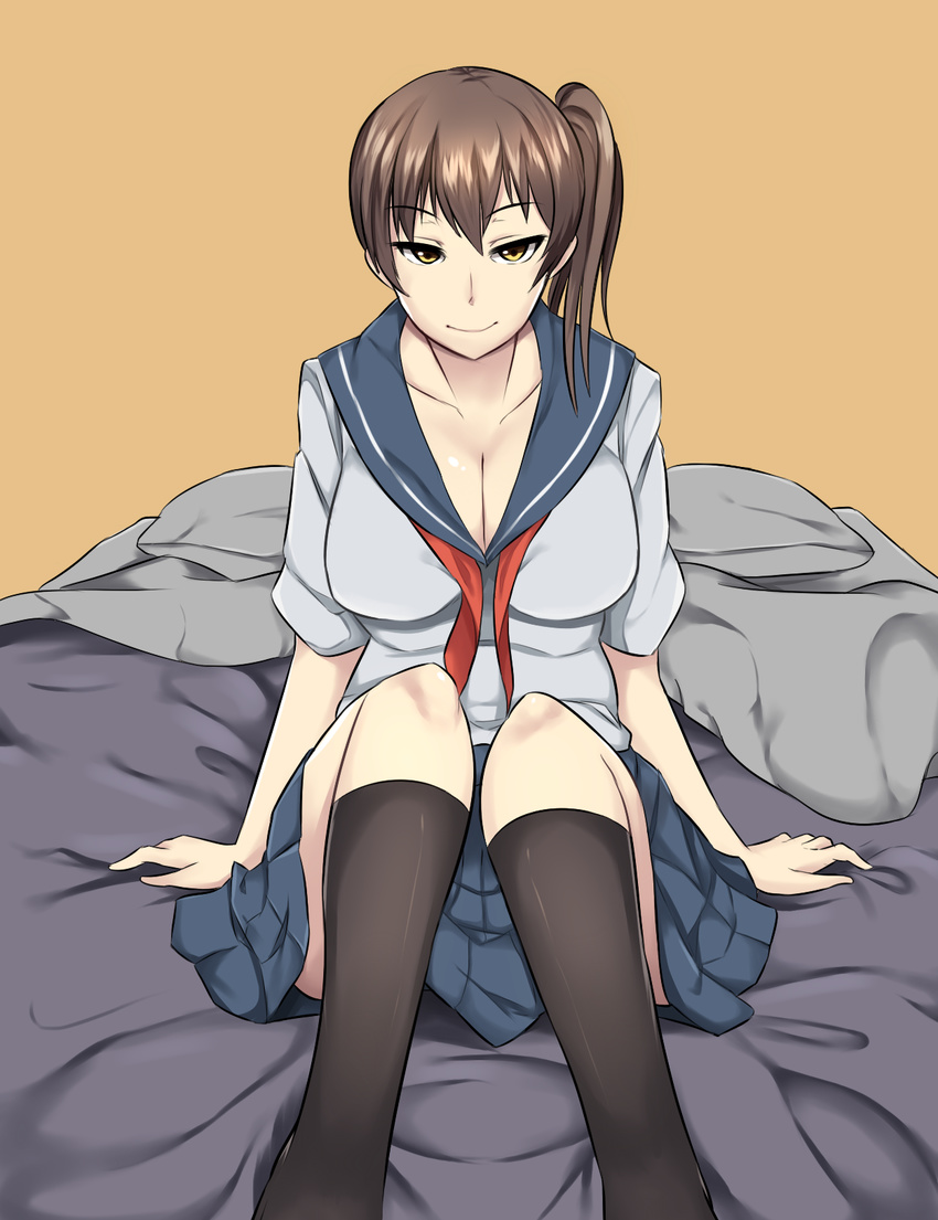 bad_id bad_pixiv_id blanket breasts brown_eyes brown_hair cleavage commentary english_commentary female futon highres kaga_(kancolle) kantai_collection large_breasts long_hair looking_at_viewer neckerchief on_bed pillow pleated_skirt school_uniform serafuku side_ponytail skirt smile solo wangphing