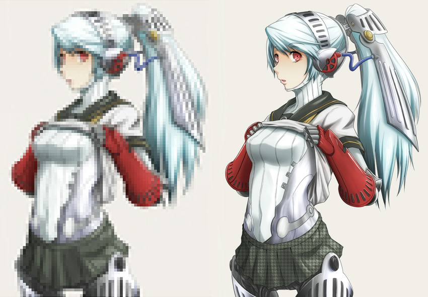 android ao_usagi blue_hair breasts clothes_lift commentary_request female grey_background headgear houndstooth joints labrys_(persona) long_hair medium_breasts miniskirt no_nipples persona persona_4:_the_ultimate_in_mayonaka_arena pixelated pleated_skirt ponytail red_eyes ringed_eyes robot_joints school_uniform serafuku shirt_lift simple_background skirt solo thumbnail_surprise