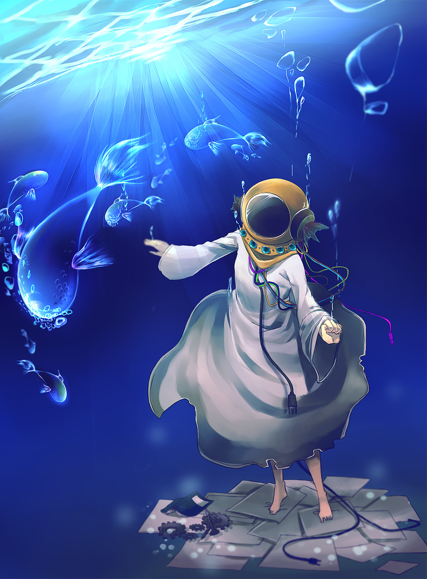 .flow air_bubble bad_id bad_pixiv_id barefoot bubble cable commentary_request diving_helmet dress female fish gears helmet highres light_rays mochimochi_dando notebook oreko paper photoshop_(medium) screw standing sunbeam sunlight underwater