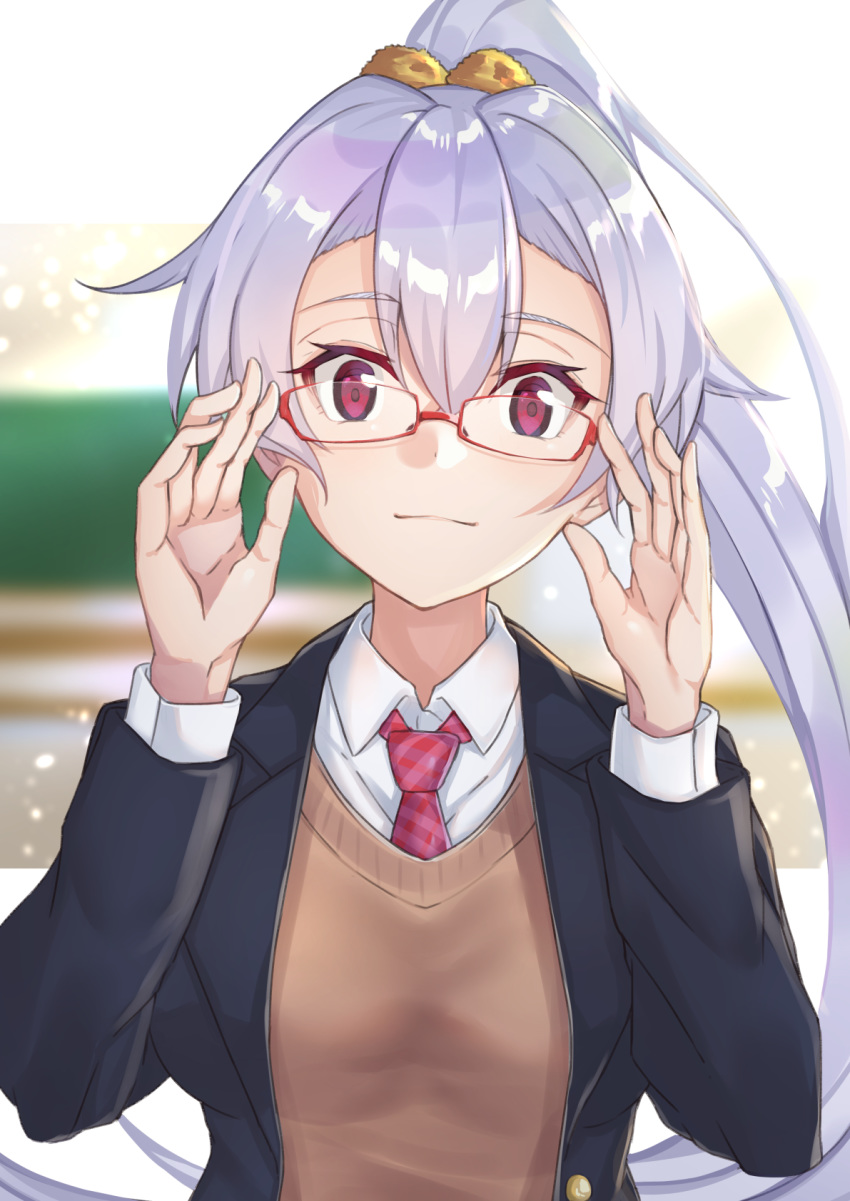 :3 adjusting_eyewear alternate_costume bespectacled black_jacket blazer blurry blurry_background breasts brown_sweater_vest chalkboard closed_mouth collared_shirt commentary_request dress_shirt fate/grand_order fate_(series) female forehead gingham gingham_necktie glasses hair_between_eyes hands hands_up high_ponytail highres indoors jacket layered_clothes light_particles long_fingers long_hair long_sleeves looking_at_viewer necktie open_clothes open_jacket palms parted_bangs red-framed_eyewear red_eyes red_necktie school_uniform scrunchie shirt smile solo sweater_vest tapioka_(oekakitapioka) tomoe_gozen_(fate) uniform upper_body v-neck very_long_hair white_hair white_shirt wing_collar