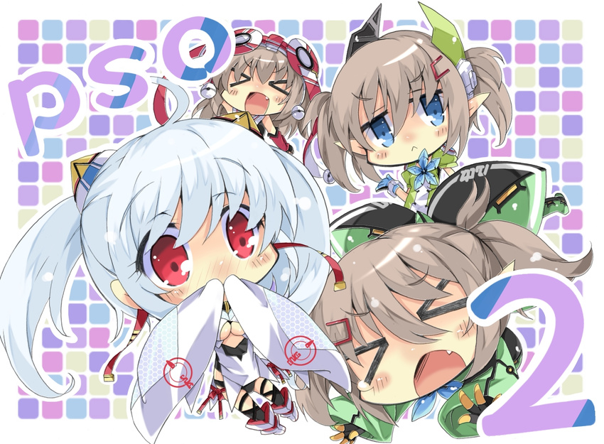 >_< 4girls blue_eyes blush brown_hair clariskrays closed_eyes commentary_request grey_hair hat long_hair matoi_(pso2) milkpanda multiple_girls oerba_yun_fang open_mouth patty_(pso2) phantasy_star phantasy_star_online_2 pointy_ears red_eyes short_hair tiea twintails