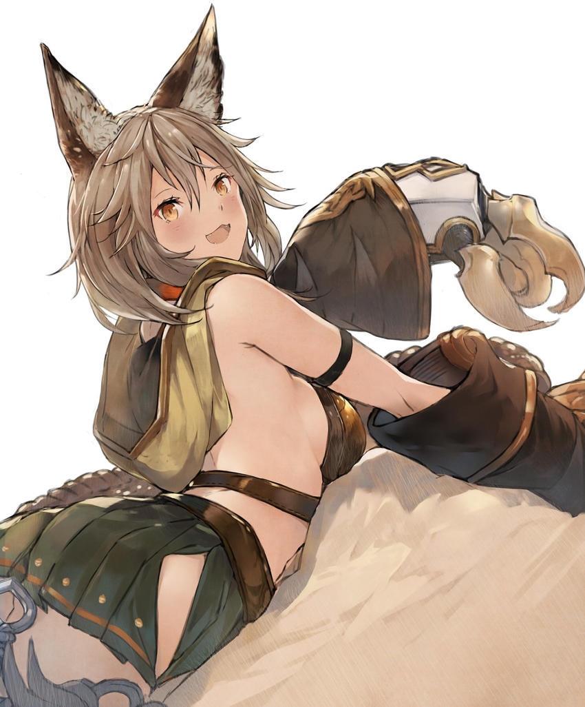 animal_ears blush braid breasts brown_eyes claws commentary_request erune female granblue_fantasy grey_hair highres hip_vent long_hair looking_at_viewer lying medium_breasts midriff oerba_yun_fang on_stomach open_mouth pleated_skirt red_eyes sen_(granblue_fantasy) sideboob skirt solo tokopi