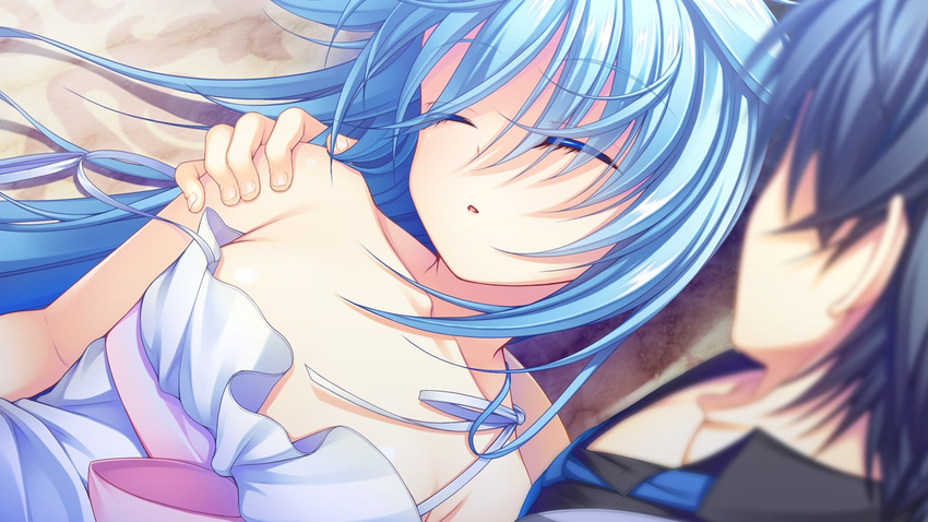 16:9 applique_(company) asami_asami azurite blue_hair closed_eyes collarbone female female game_cg long_hair re:birth_colony rindou_souji